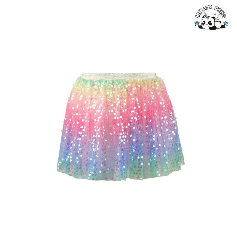 Saia de Tule Sequilhada de Cores Arco-Íris para Meninas, Cintura Elástica Metálica Dourada Disponível para Personalização