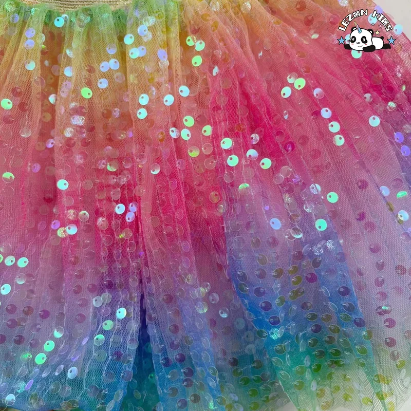 Saia de Tule Sequilhada de Cores Arco-Íris para Meninas, Cintura Elástica Metálica Dourada Disponível para Personalização - Product Image