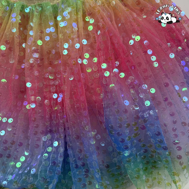 Saia de Tule Sequilhada de Cores Arco-Íris para Meninas, Cintura Elástica Metálica Dourada Disponível para Personalização - Product Image