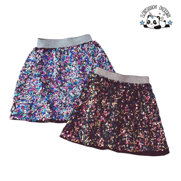 Novo em 2024 Saia Elástica Multicolorida com Lantejoulas para Meninas, Saias A-lin para Meninas e Crianças