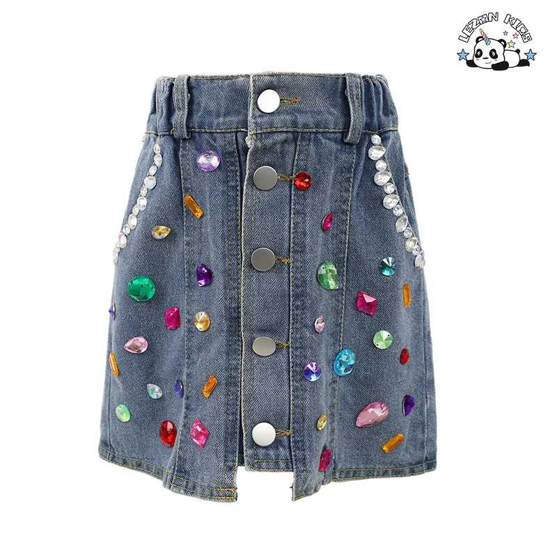 Saia de Jeans Personalizada OEM para Crianças em Forma de A com Pedras Preciosas Feitas à Mão para Meninas de 2 a 14 Anos