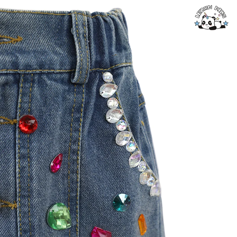 OEM Custom Design A-Line Children Denim Skirt Hand Make Gems 2-14 Years Girls Denim Skirt - Product Image