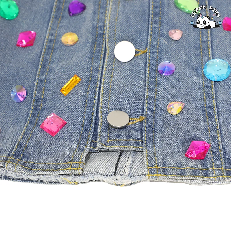 OEM Custom Design A-Line Children Denim Skirt Hand Make Gems 2-14 Years Girls Denim Skirt - Product Image