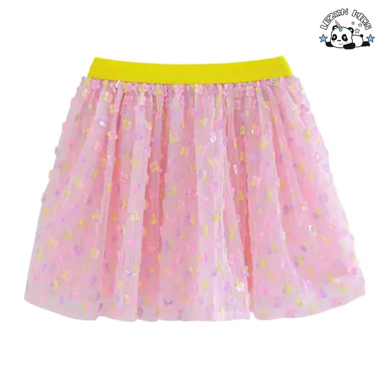 Stylish Pink Sequin Skirt Ruffles Tulle Skirt Lining Cotton Children Toddler Girls Tutu Skirt