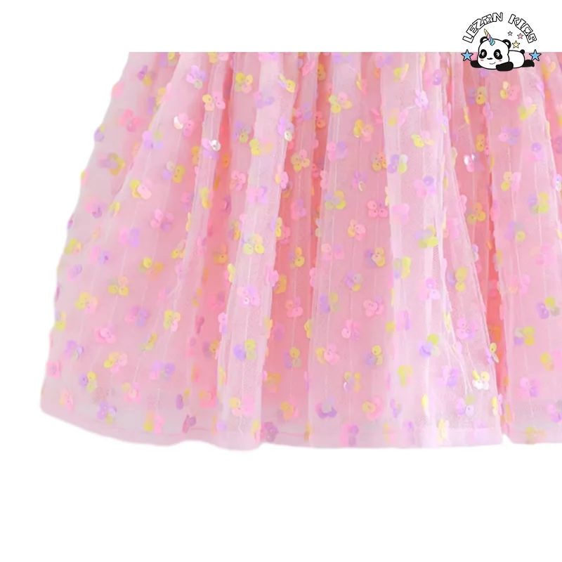 Stylish Pink Sequin Skirt Ruffles Tulle Skirt Lining Cotton Children Toddler Girls Tutu Skirt - Product Image