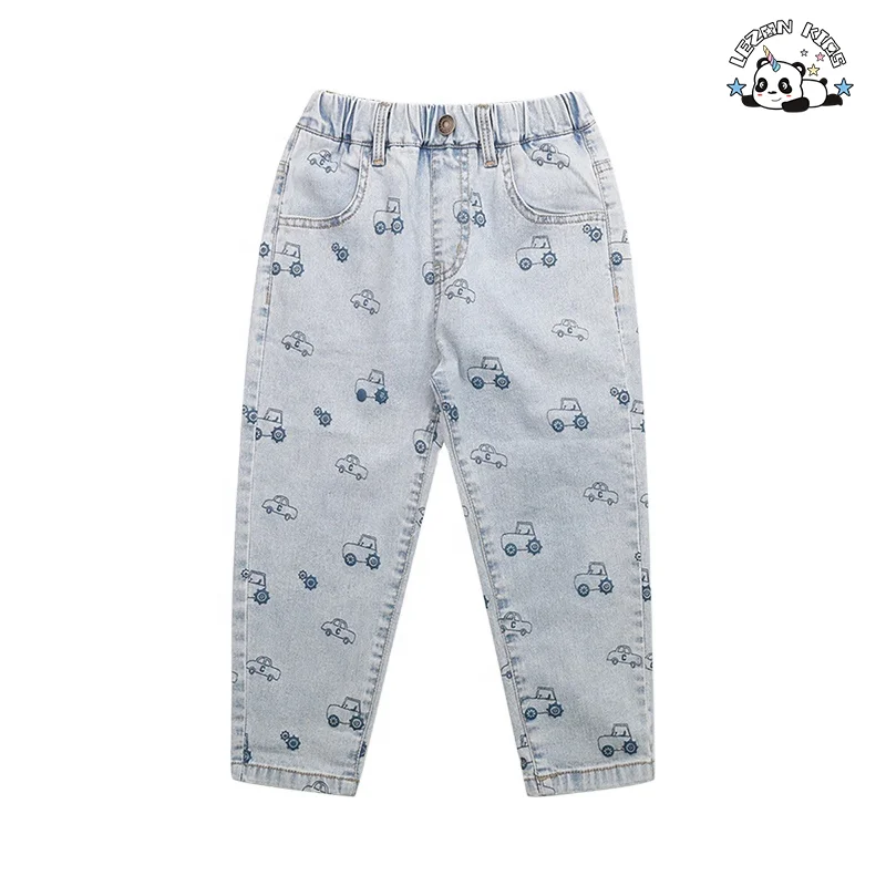 Calças jeans personalizáveis com cintura elástica e abertura nos pés, calças de jeans para meninos com estampa de desenho animado