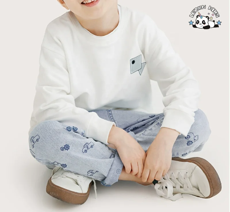 Calças jeans personalizáveis com cintura elástica e abertura nos pés, calças de jeans para meninos com estampa de desenho animado - Product Image